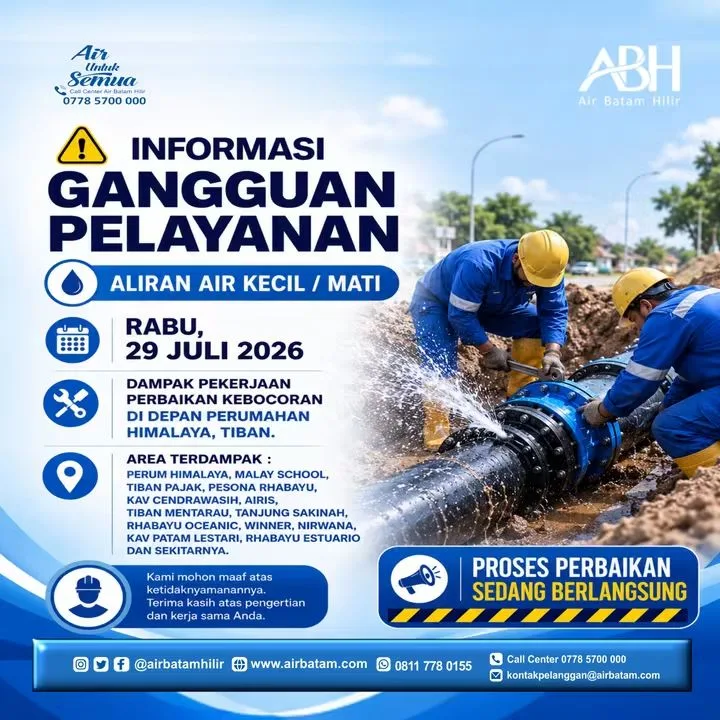 Air Batam Hilir Perbaiki Kebocoran Pipa di Tiban, Sejumlah Wilayah Alami Gangguan Suplai Air
